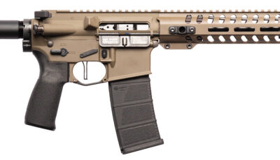 Patriot Ordnance Factory 01803 Minuteman DI 5.56x45mm 30+1 10.50" Nitride Treated Chrome Moly Barrel, 9" M-LOK Handguard, Patriot Brown Cerakote Receiver, Black Synthetic Buffer Tube, Black MFT Grips