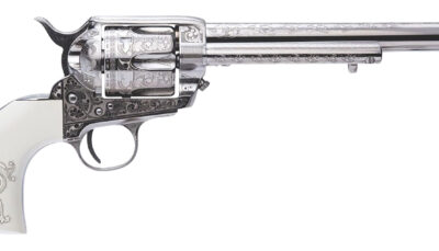 Cimarron PP415LNTRII Teddy Roosevelt Frontier 45 Colt (LC) 6 Shot 7.50" Nickel-Plated Engraved Barrel, Cylinder & Frame, White w/Laser Engraved "T.R." Grip