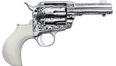 Cimarron PP346HUCKENG Huckleberry  45 Colt (LC) 6 Shot, 3.50" Nickel Engraved Barrel, Cylinder & Frame, Poly-Ivory w/"Huckleberry" Engraved On The Backstrap Grip