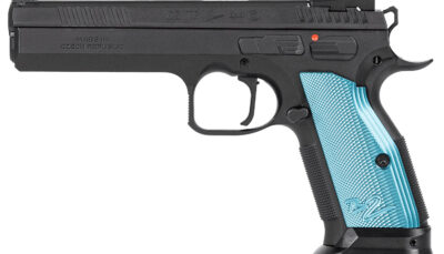 CZ-USA 01220 TS 2  9mm Luger 10+1 5.28" Black Steel Barrel, Black Nitride Serrated Slide, Black Steel Frame w/Beavertail, Blue Textured Aluminum Grip