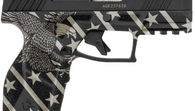 Taurus 1-GX2931-EN1 GX2  Compact Frame 9mm Luger 13+1 3.38" Stainless Steel Barrel, Matte Black Serrated Alloy Steel Slide, Black w/Eagle, Stars & Stripes Polymer Frame w/Accessory Rail