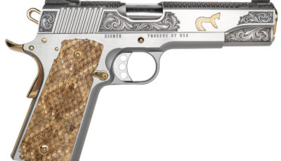 Cnc Firearms CNCRATTLER Kimber 1911 Rattler Sports South Exclusive 45 ACP Stainless Barrel, Stainless w/Gold Plating Steel Engraved/Serrated Slide & Frame w/Beavertail, Genuine Snakeskin Grip
