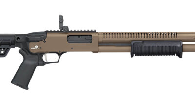 Mossberg 50758 590R  12 Gauge Pump 3" 6+1 18.50" Flat Dark Earth Cerakote Heat Shield Barrel, Flat Dark Earth Cerakote Steel Receiver, Black AR Mil-Spec Adjustable Synthetic Stock, Black Magpul Grip
