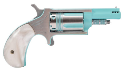 North American Arms 22MPB Iris undefined 22 Mag 5 Shot 1.63" Turquoise Cerakote Ported Barre Matte Stainless Steel Frame, Stainless/Turquoise Cylinder, Faux White Pearl Grip, Exposed Hammer
