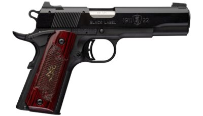 Browning 051069490 1911 Black Label Medallion Full Size Frame 22 LR 10+1 4.25" Matte Stainless Barrel, Black Anodized Aluminum Serrated Slide, Matte Black Polymer Frame w/Beavertail, Rosewood w/Gold B