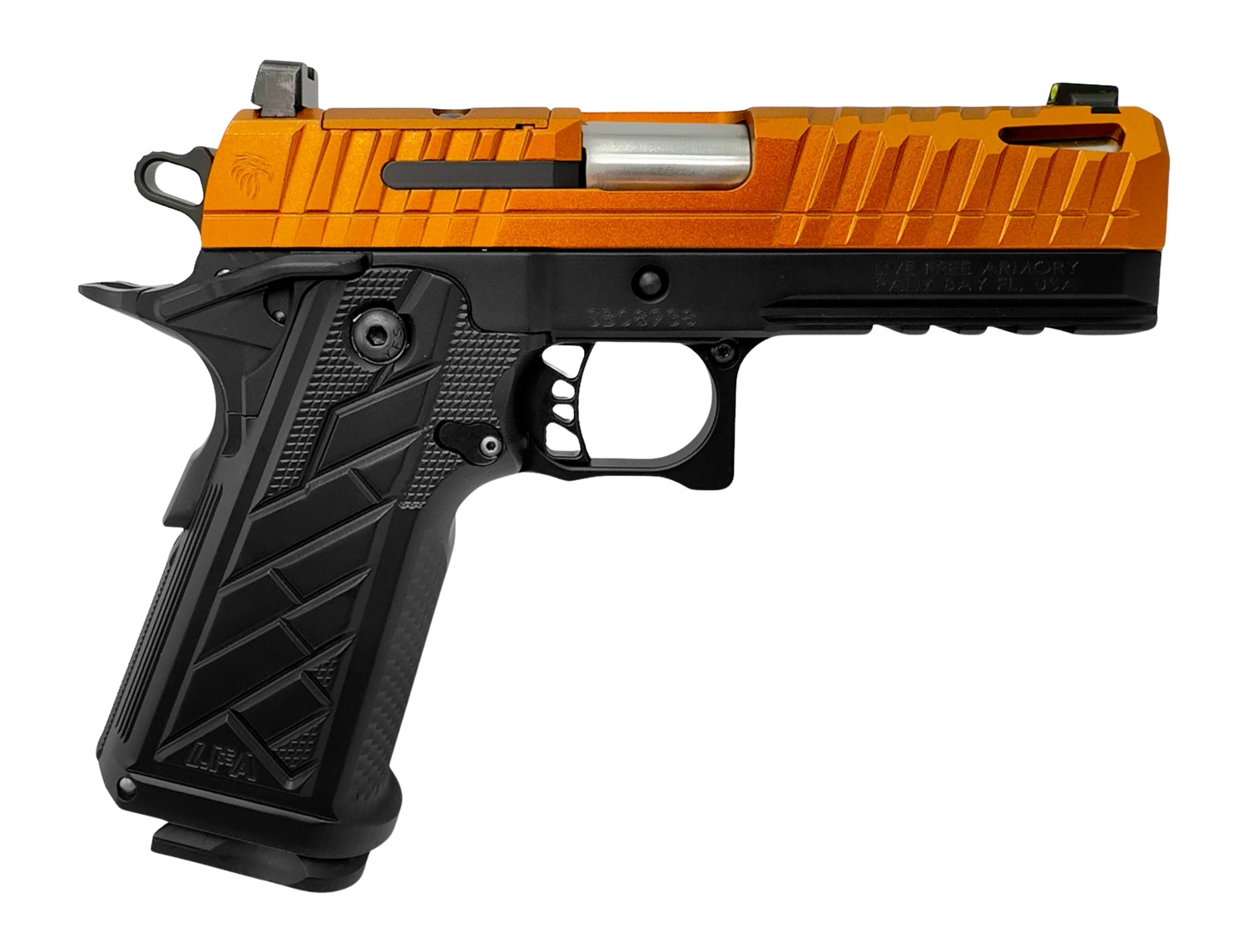 Live Free Armory HG8643-N Apollo 11 V2 Compact 9mm Luger 18+1 4.15" Stainless Barrel, Copper FX Cerakote Steel Optic Ready/Serrated Slide, Black Cerakote Steel Frame w/Beavertail & Picatinny Rail, Bla