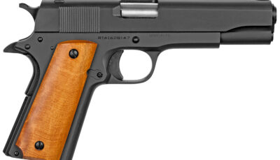 Rock Island 51815 GI Standard FS *CA Compliant 38 Super Caliber with 5" Barrel, 10+1 Capacity, Overall Black Parkerized Finish Steel Beavertail Frame, Serrated Slide & Wood Grip