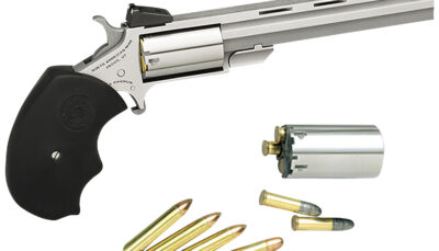 North American Arms MMTC Mini-Master *CA Compliant 22 LR/22 WMR 5 Shot 4" Stainless Steel Vent Rib Barrel, Stainless Steel Frame, Stainless Cylinder, Black Finger Grooved Rubber Grip, Exposed Hammer