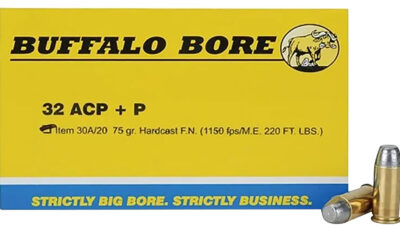 Buffalo Bore Ammunition 30A20 Personal Defense Strictly Business 32ACP +P 75gr Hard Cast Flat Nose 20 Per Box/12 Case