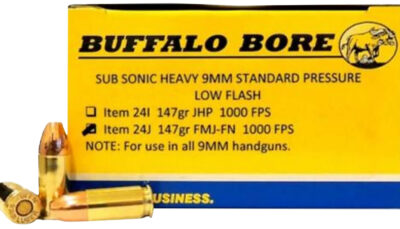 Buffalo Bore Ammunition 24J20 Subsonic Strictly Business 9mmLuger 147gr Full Metal Jacket Flat Nose 20 Per Box/12 Case