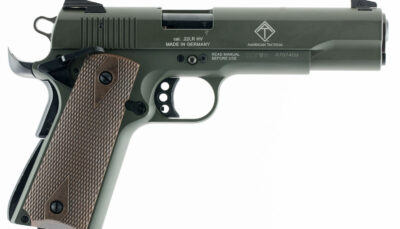 GSG GSG2210M1911G 1911  22 LR 10+1 5" Threaded Barrel, OD Green Serrated Slide, OD Green Zinc Alloy w/Beavertail Frame, Double Diamond Walnut Grip