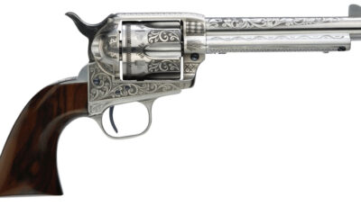 Taylors & Company 550898 1873 Cattleman 45 Colt (LC) Caliber with 5.50" Barrel, 6rd Capacity Cylinder, Overall White Photo Engraved Finish Steel & Walnut Grip
