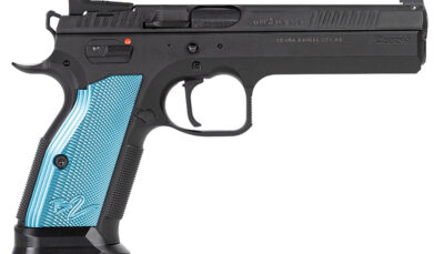 CZ-USA 91222 TS 2  40 S&W 17+1 5.28" Black Steel Barrel, Black Serrated Steel Slide, Black Polycoat Steel Frame w/Beavertail, Blue Checkered Aluminum Grip, Ambidextrous
