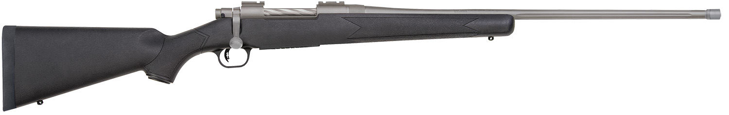 Mossberg 28261 Patriot Full Size 7mm PRC 3+1 24" Stainless Cerakote Fluted Threaded Barrel, Drilled & Tapped Stainless Cerakote Receiver, Black Fixed Synthetic Stock