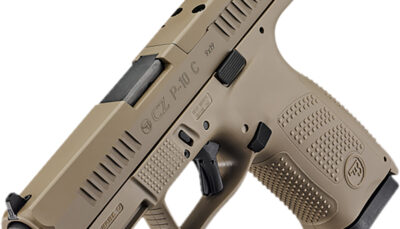 CZ-USA 91577 P-10 C  Compact Frame 9mm Luger 15+1 4.02" Black Stainless Steel Barrel, Black Nitride Serrated Steel Slide, Flat Dark Earth Polymer Frame w/Picatinny Rail, Interchangeable Backstrap Grip