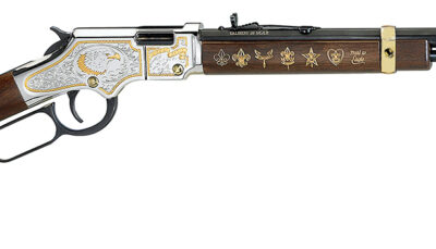 Henry H004ES2 Golden Boy Eagle Scout Tribute 2nd Edition 22 S/L/LR 16+1 20" Blued Octagon Barrel, Nickel Plated w/Selective 24kt Gold Plating Drilled & Tapped Receiver, American Walnut Straight