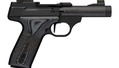 Browning 051611490 Buck Mark Black Label 250 SR 22 LR 10+1 4" Matte Black Bull Threaded Barrel, Optics Cut Receiver, Matte Black Aluminum Frame,  Black G10 Grip w/ Inscribed Waving Flag, RMSc Footprin