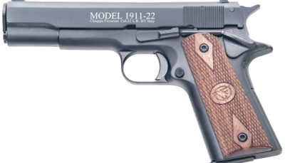 Chiappa Firearms 401038 1911-22  22 LR 10+1, 5" Black Steel Barrel, Blued Serrated Slide, Blued Aluminum Frame w/Beavertail, Stippled Walnut Grip, Manual Thumb Safety, Right Hand
