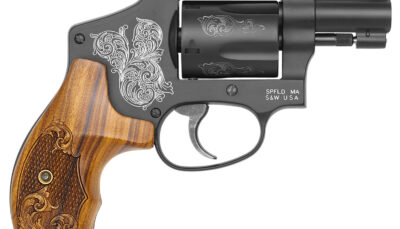 Smith & Wesson 150785 Model 442 38 S&W Spl +P 5 Shot 1.88" Engraved Black Carbon Steel Barrel/Cylinder, Engraved Black Aluminum J-Frame, Engraved Wood Grip, Mahogany Presentation Case