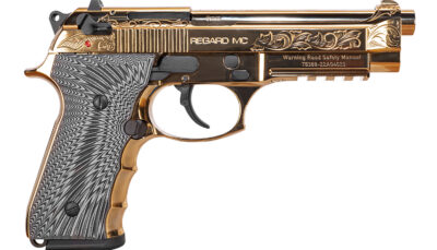 EAA GIRSAN 390088 Regard MC Deluxe 9mm Luger 18+1, 4.90" Stainless Steel Barrel, Gold Plated Serrated w/Engraving Steel Slide & Aluminum Frame w/Picatinny Rail, Black G10 Grip, Ambidextrous