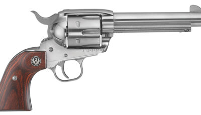 Ruger 5105 Vaquero  Medium Frame 45 Colt (Long Colt) 6rd 4.62" High Gloss Stainless Steel Barrel, Cylinder & Frame, Hardwood Grip, Transfer Bar Safety, Exposed Hammer