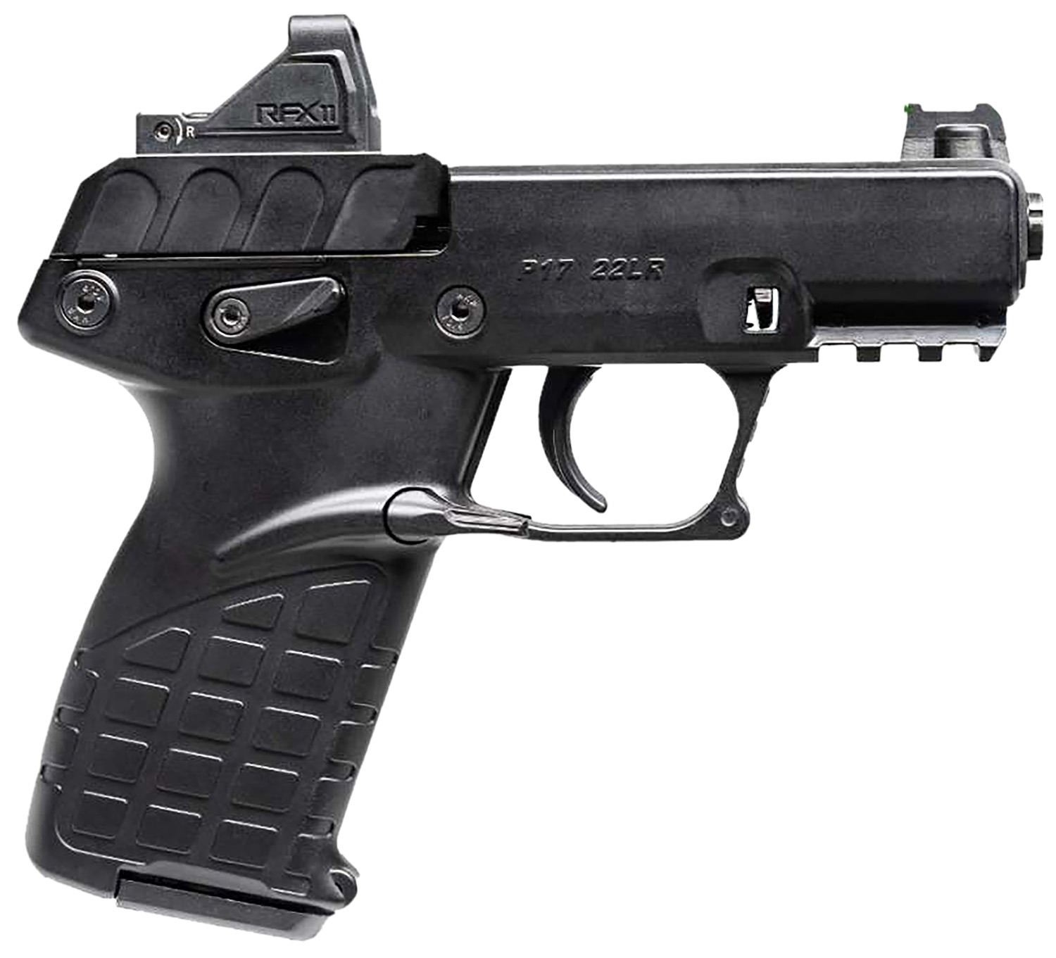 Kel-Tec P17BBLKOPTIC P17 Compact Frame 22 LR 16+1 3.80" Black Steel Barrel, Black Serrated Steel Slide, Black Polymer Frame w/Picatinny Rail, Textured Grip, Viridian RFX-11 Green Dot, Ambidextrous