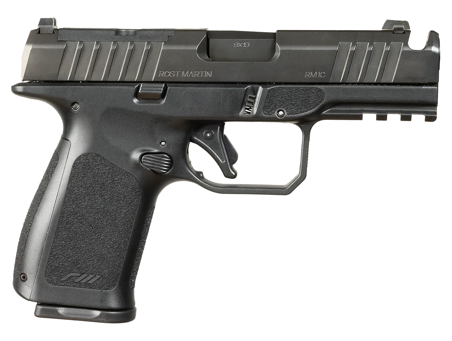 Rost Martin RM1CBLKOSP(COMP) RM1C 9mm Luger 17+1 4" Black Compensated Match Grade Barrel, Black Tenifer Optic Ready/Serrated Steel Slide, Black Polymer Frame w/Picatinny Rail, Textured Grip