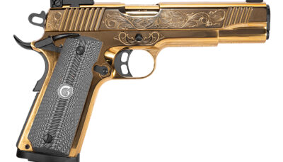 Girsan 390093 MC1911 S Lux 45 ACP 8+1 5" Gold Plated PVD Steel Barrel, Gold Finish Engraved Serrated w/Engraving Steel Slide, Gold Plated Steel Frame, Black G10 Grip