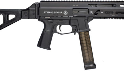 Grand Power 197892004824 SP45A3 Stribog 45 ACP 20+1 8" Black Threaded Barrel, Black Aluminum Picatinny Rail Receiver, Black SB Tactical Brace, Black Polymer Grip, Thread Protector