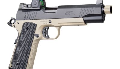Ed Brown SFSOCM SOCOM Gen4 45 ACP 8+1 5" Black Nitride Threaded Barrel, Black Gen4 Serrated w/Optic Slide, Flat Dark Earth Steel Frame w/Accessory Rail, VZ Alien Grip, Trijicon RMR 3.25 MOA Red Dot Si