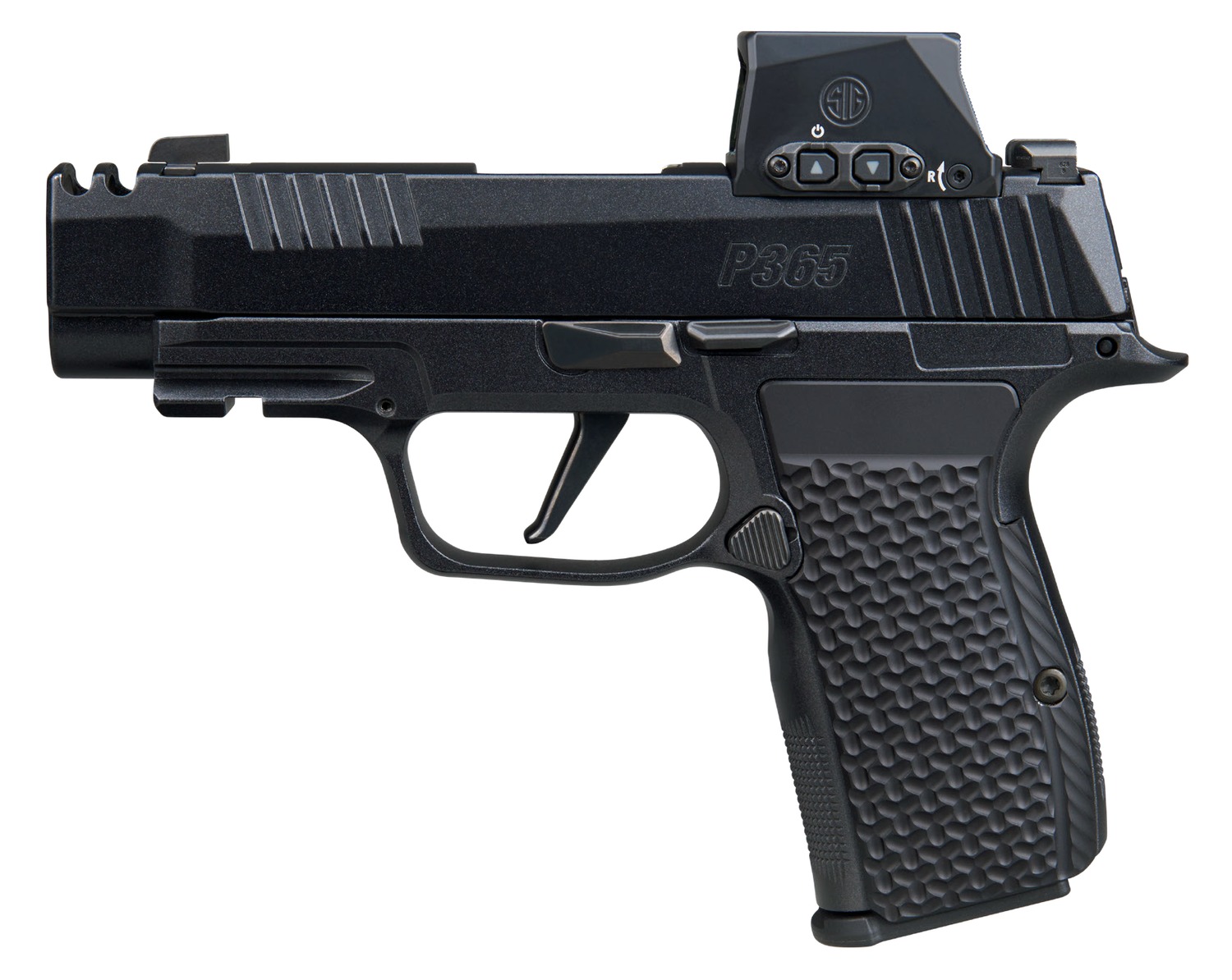 Sig Sauer P365 AXG LUXE w/Optic Micro-Compact 380 ACP 12+1 3.10" Black Barrel, Black Pearlescent Cerakote Stainless Steel Integrated Compensator/Optic Ready/Serrated Slide, Black Frame w/Picatinny Ra