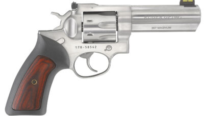 Ruger 1771 GP100  357 Mag 7 Shot, 4.20" Satin Stainless Steel Barrel, Satin Stainless Cylinder, Satin Stainless Steel Frame, Black Rubber w/Wood Insert Grip, Exposed Hammer