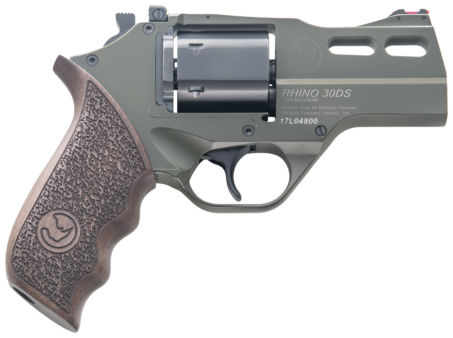 Chiappa Firearms 340285 Rhino 30DS Small Frame 357 Mag 6 Shot 3" Green Cerakote Steel Vent Rib Barrel, Blued Steel Cylinder, Green Cerakote Aluminum Frame, Walnut Grip, Concealed Hammer