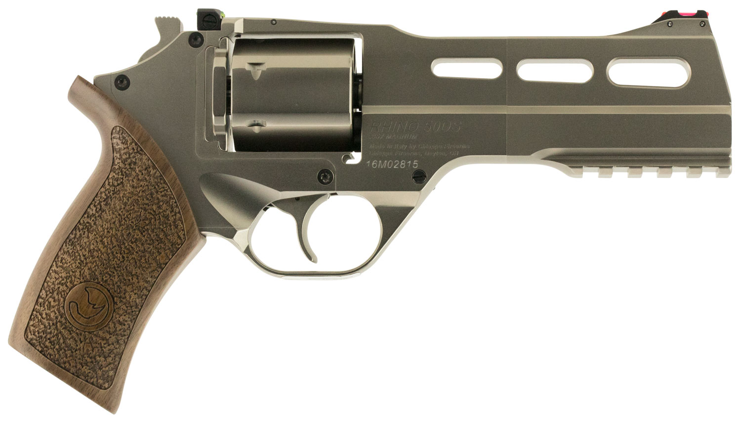 Chiappa Firearms 340223 Rhino 50DS Medium Frame 357 Mag 6 Shot, 5" Nickel-Plated Steel Vent Rib Barrel & Cylinder, Nickel-Plated Aluminum Frame, Walnut Grip, Exposed Hammer