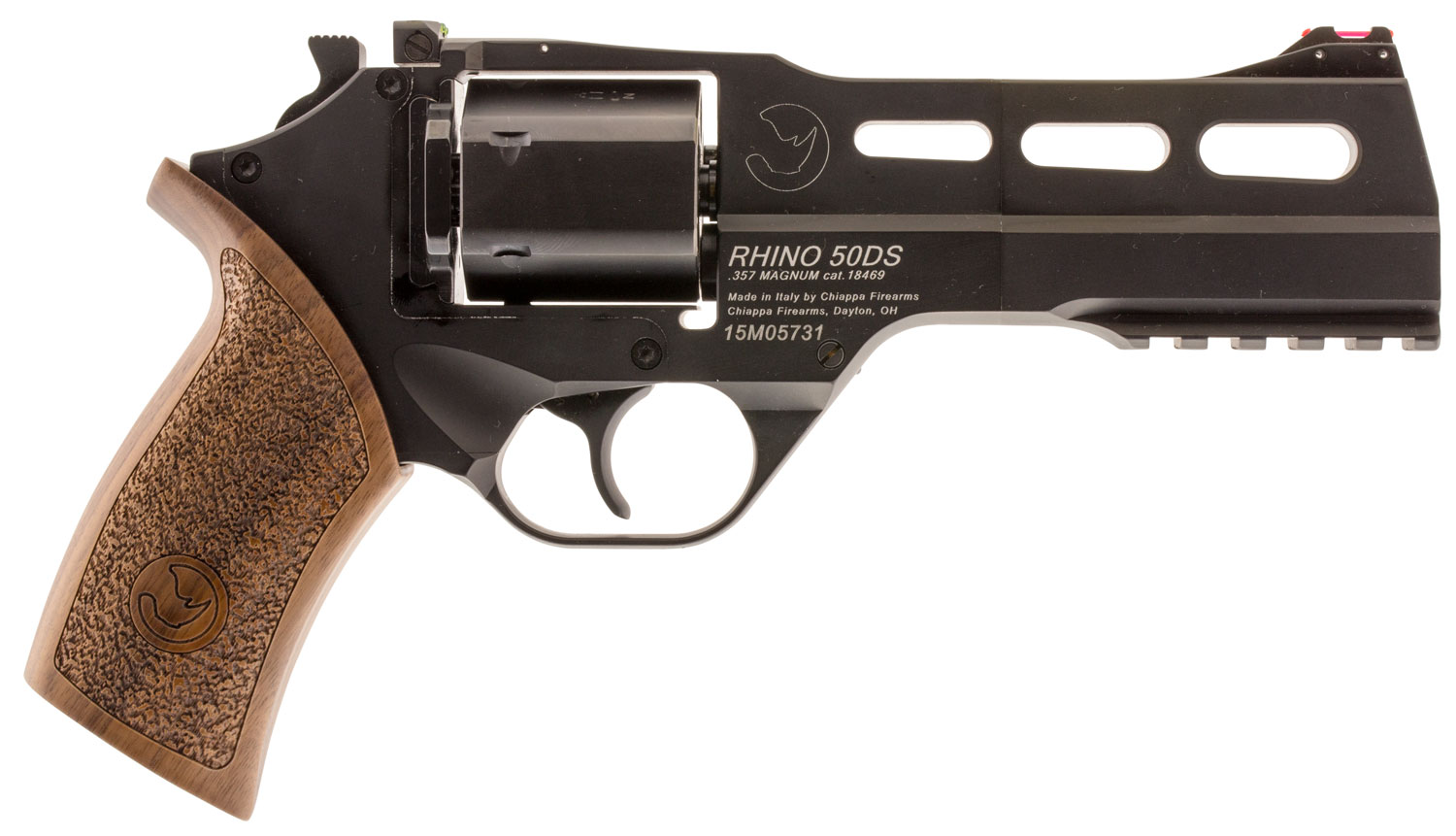 Chiappa Firearms CF340246 Rhino 50SAR Medium Frame 357 Mag 6rd 5" Black Anodized Steel Vent Rib Barrel, Black Cylinder, Black Anodized Aluminum Frame w/Picatinny Rail, Walnut Grip, Exposed Hammer
