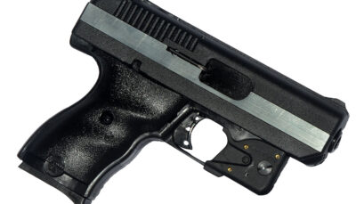 Hi-Point CF380LLTGM CF 380 ACP Caliber with 3.50" Barrel, 8+1 Capacity, Black Finish Frame, Serrated Black Steel Chrome Line Slide & Polymer Grip, LaserLyte Laser
