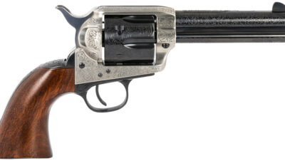 Taylors & Company 550924 1873 Cattleman 357 Mag Caliber with 4.75" Blued Floral Engraved Finish Barrel, 6rd Capacity Blued Finish Cylinder, Coin Photo Engraved Finish Steel Frame & Walnut Grip