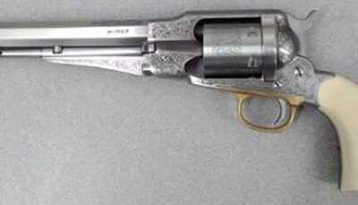 Taylors & Company 550763 1858 Remington Conversion 45 Colt (LC) Caliber with 8" Barrel, 6rd Capacity Cylinder, Overall Nickel-Plated Engraved Finish Steel & 2-Piece Ivory Grip