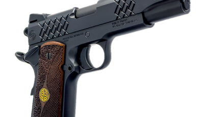 Dickinson LLC DKSN9BM 1911 Adam Full Size Frame 45 ACP 8+1 4.37" Matte Black Button Rifled Barrel, Matte Black Serrated Aluminum Slide, Matte Black Steel Frame, Wood Grips