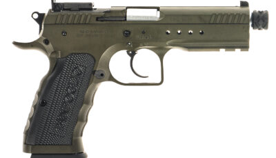 Tanfoglio  Defiant Tactical Pro 9mm Luger 20+1 4.50" Stainless Threaded Barrel, Green Steel Optic Ready/Ported/Serrated Slide, Green Steel Frame w/Beavertail & Picatinny Rail, Black Polymer Grip