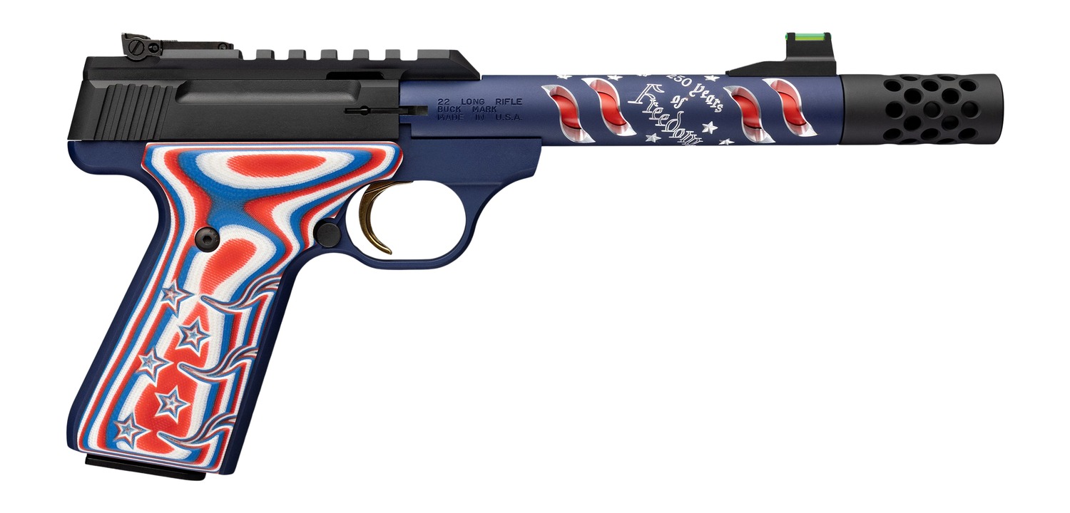 Browning 051615490 Buck Mark Freedom 250 SR 22 LR 10+1 5.90" Waving Flag Threaded Barrel, Blue Anodized Serrated w/Picatinny Rail Aluminum Receiver, Red/White/Blue G10 Grip