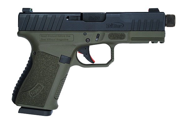 TriStar 85786 Apoc Pro 9mm Luger 15+1 4.50" Black Threaded Barrel, Black Cerakote Steel Optic Ready/Serrated Slide, OD Green Polymer Frame w/Picatinny Rail, Interchangeable Backstrap Grip
