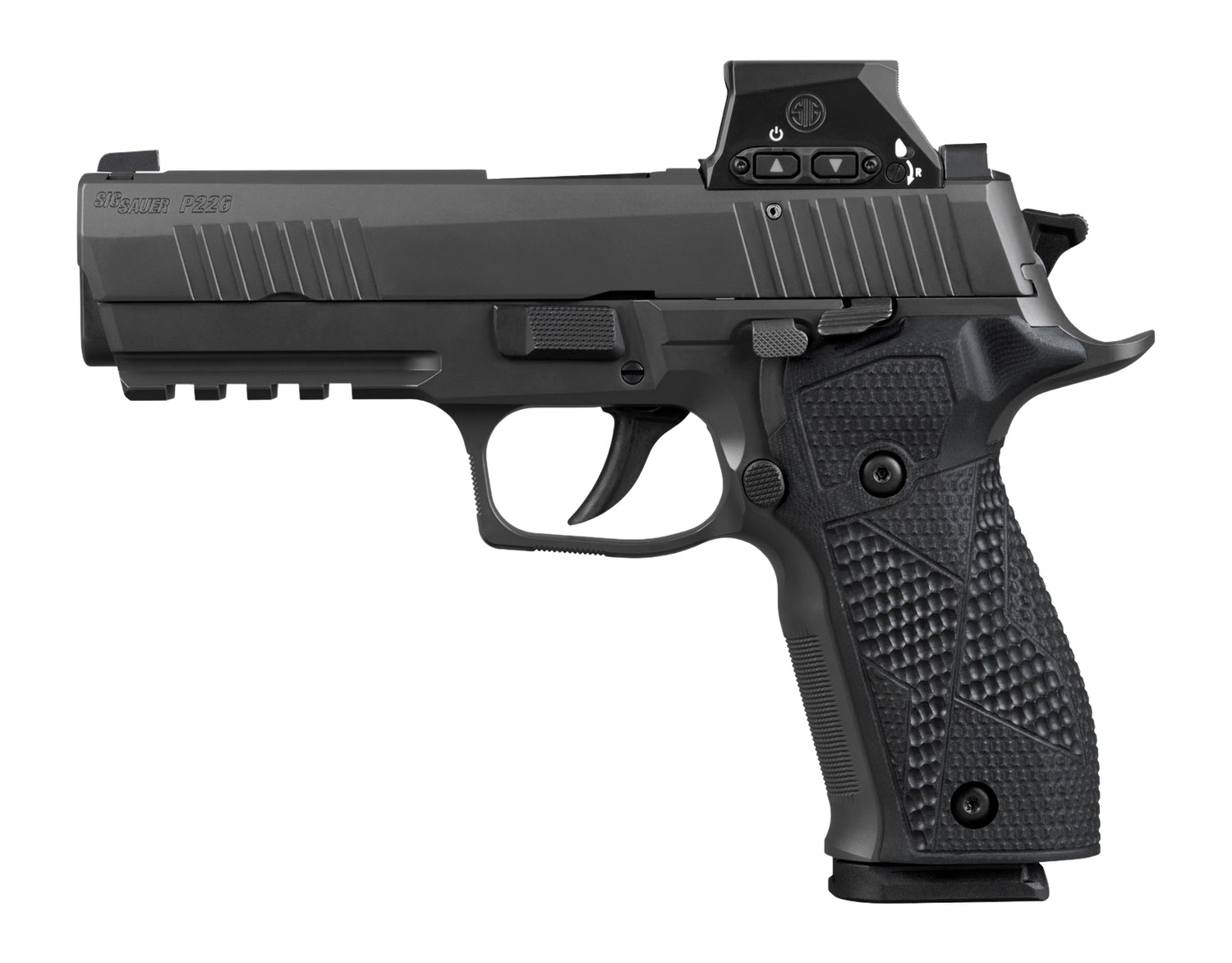 Sig Sauer 226X9RXSL P226 w/Optic Full Size 9mm Luger 18+1 4.40" Black Bull Barrel, Matte Black DLC Stainless Steel Serrated w/Optic Slide, Black Anodized Alloy Frame w/Picatinny Rail, Black Hogue G10