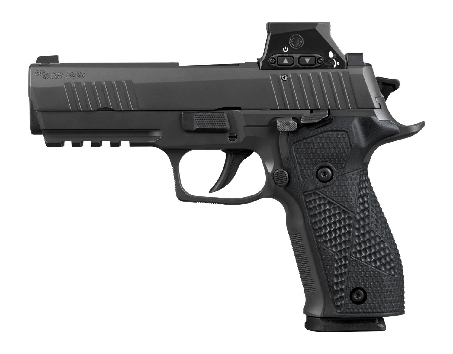 Sig Sauer 226X9RXSL10 P226 w/Optic Full Size 9mm Luger 10+1 4.40" Black Bull Barrel. Matte Black DLC Stainless Steel Serrated w/Optic Slide. Black Anodized Alloy Frame w/Picatinny Rail. Black Hogue G1