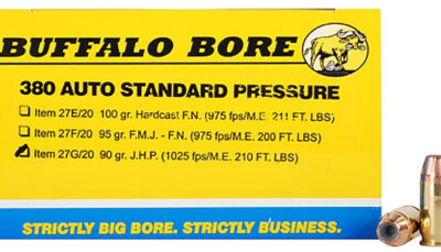 Buffalo Bore Ammunition 27G20 Standard Pressure Strictly Business 380ACP 90gr Jacket Hollow Point 20 Per Box/12 Case