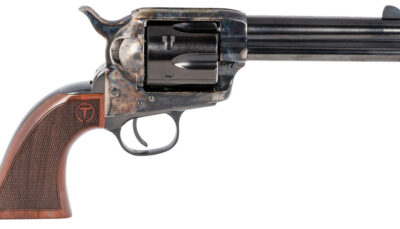 Taylors & Company 550180 Smoke Wagon 357 Mag Caliber with 4.75" Blued Finish Barrel, 6rd Capacity Blued Finish Cylinder, Color Case Hardened Finish Steel Frame & Checkered Walnut Grip