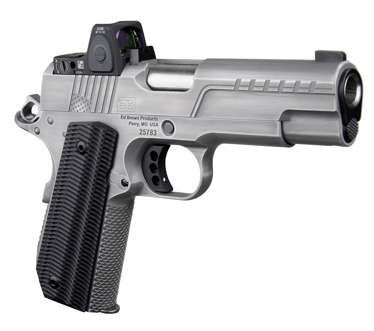 Ed Brown FX2SS FX2 45 ACP 7+1 4.25" Recessed Crown Barrel, Stainless Steel Engraved American Flag/Serrated Slide, Stainless Steel Frame, Trijicon RMRcc 3.25 MOA Sight