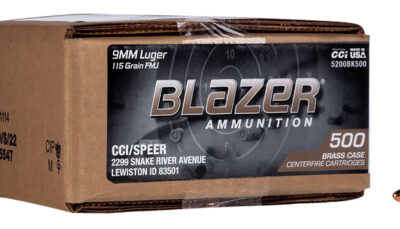 CCI 5200BK500 Blazer Brass Handgun 9mmLuger 115gr Full Metal Jacket 500 Per Box/1 Case *Loose
