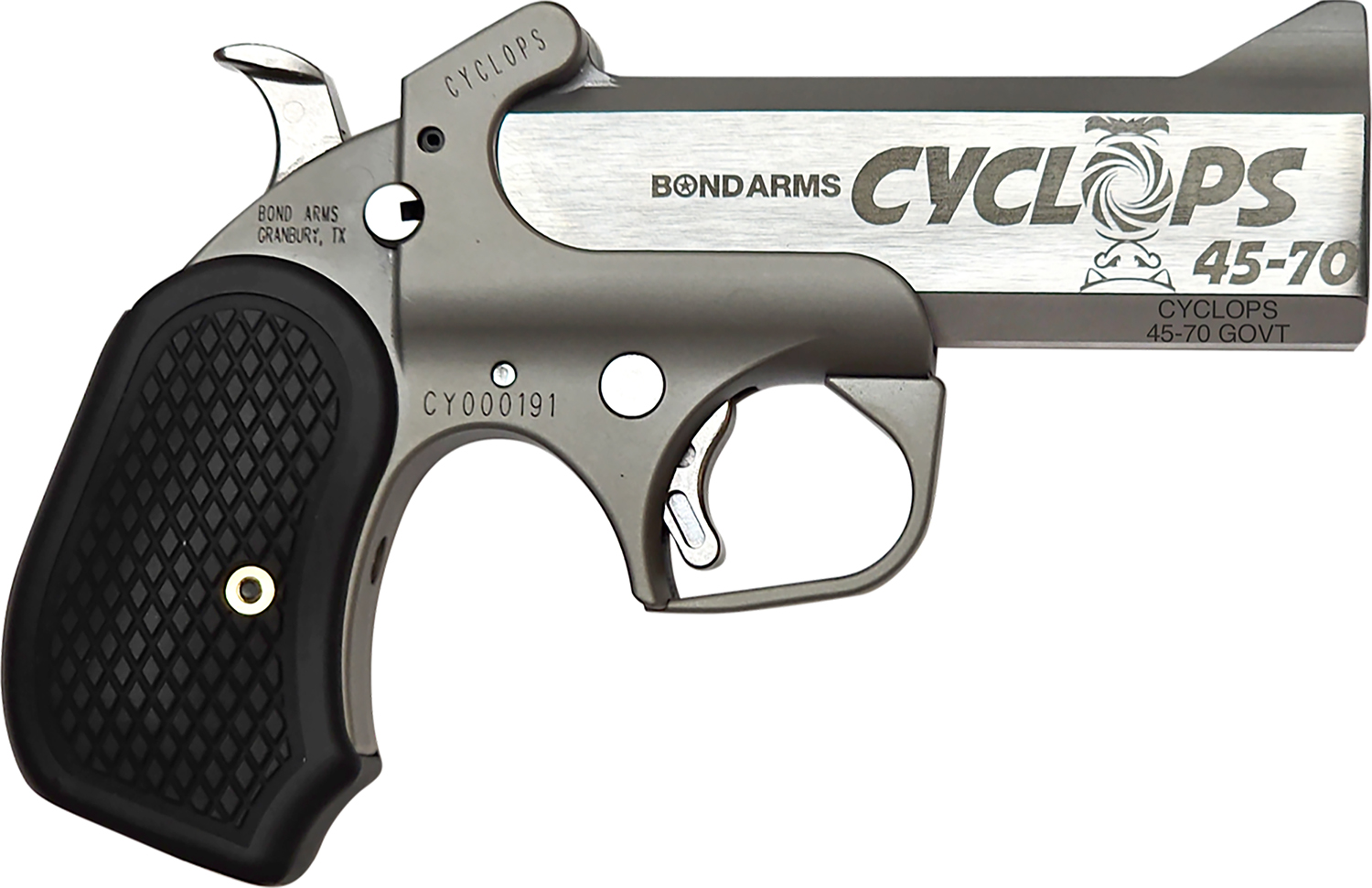 Bond Arms BACY Cyclops Big Bore 45-70 Gov 1rd Shot 4.25" Stainless Stainless Steel Barrel Matte Stainless Black Extended B6 Resin Grips Right Hand