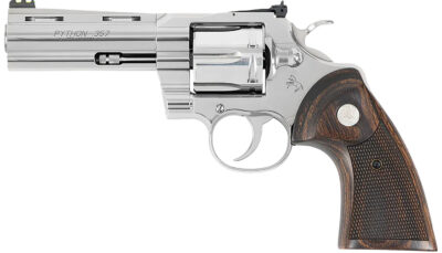 Colt Mfg PYTHONSP4WFTG Python Target 357 Mag/38 Special 6 Shot 4.25" Polished Stainless Steel Recessed Target Vent Rib Barrel, Cylinder & Frame, Walnut w/Medallion Grip, Exposed Hammer